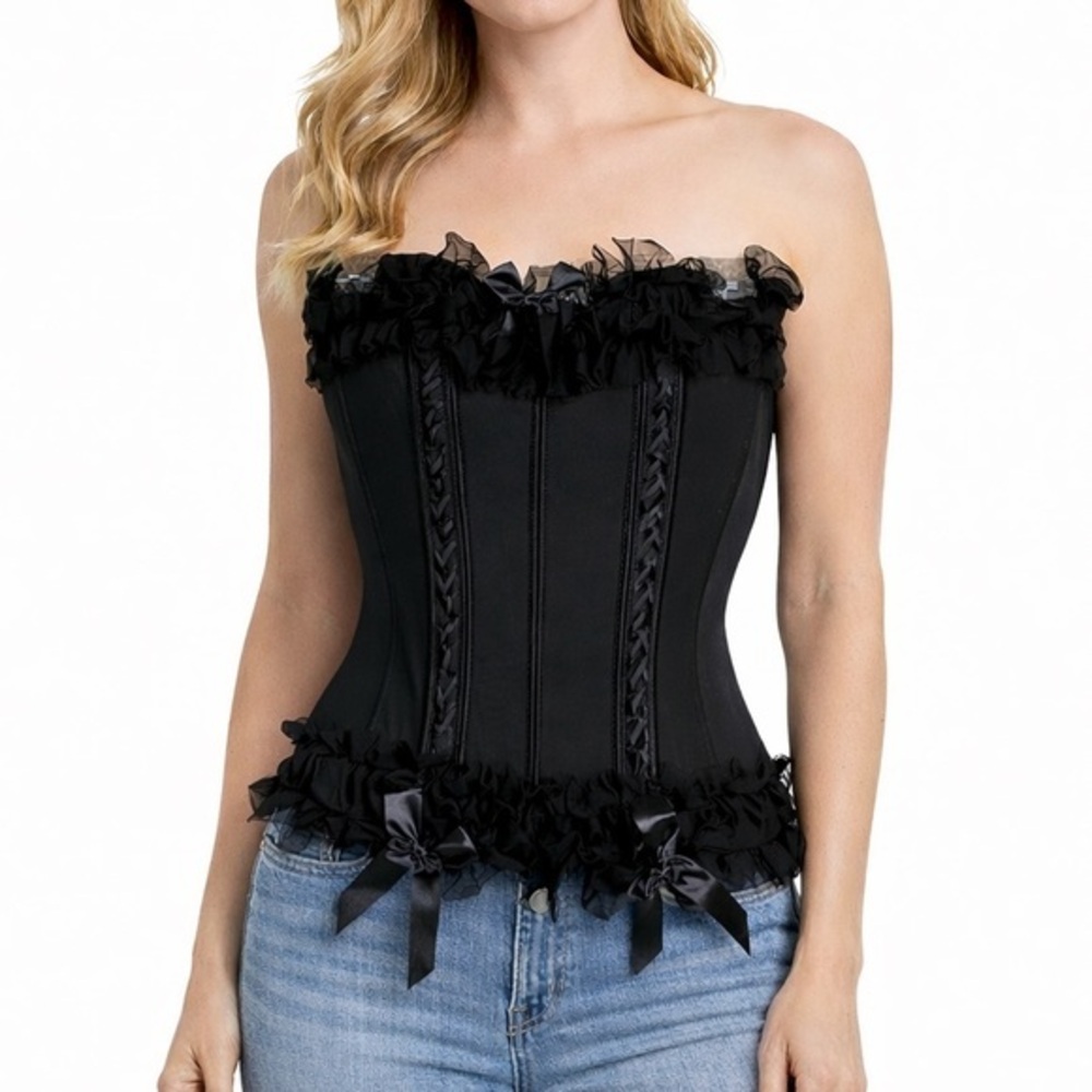 Seven ’til Midnight Corset Top Black Satin Ruffle Mesh Gothic Burlesque Vampire